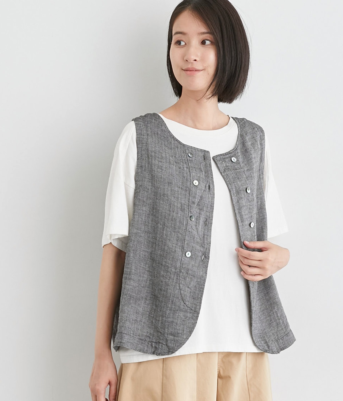 リネンシャンブレーダブルボタンベスト(ブラック-ONESIZE)