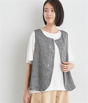 リネンシャンブレーダブルボタンベスト(ブラック-ONESIZE)