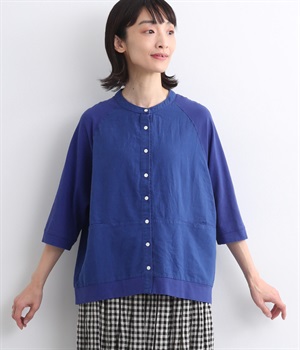 コットンリネン布帛×天竺縦ポケット7分袖ラグランカーディガン(ロイヤルブルー-ONESIZE)