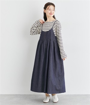 5.5ozコットンリネンデニムボタンいっぱいキャミワンピース(ネイビー-ONESIZE)