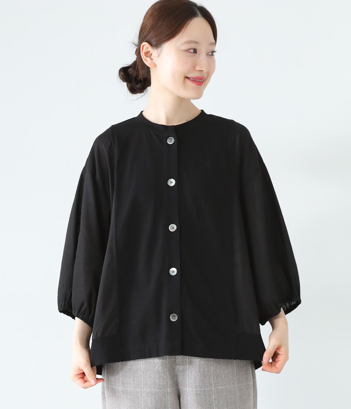 コットンリネン布帛×OE天竺 切り替え7分バルーン袖カーディガン(ブラック-F)