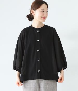 コットンリネン布帛×OE天竺 切り替え7分バルーン袖カーディガン(ブラック-F)