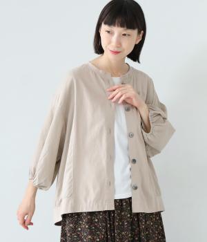 コットンリネン布帛×OE天竺 切り替え7分バルーン袖カーディガン(グレージュ-F)