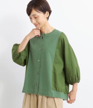 コットンリネン布帛×OE天竺 切り替え7分バルーン袖カーディガン(グリーン-F)