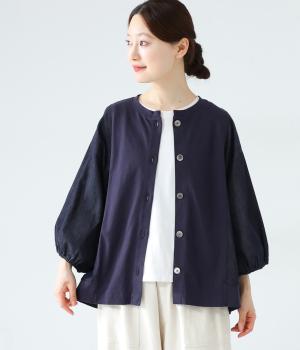 nfadeデニム×OE天竺 切り替え7分バルーン袖カーディガン(ネイビー-F)