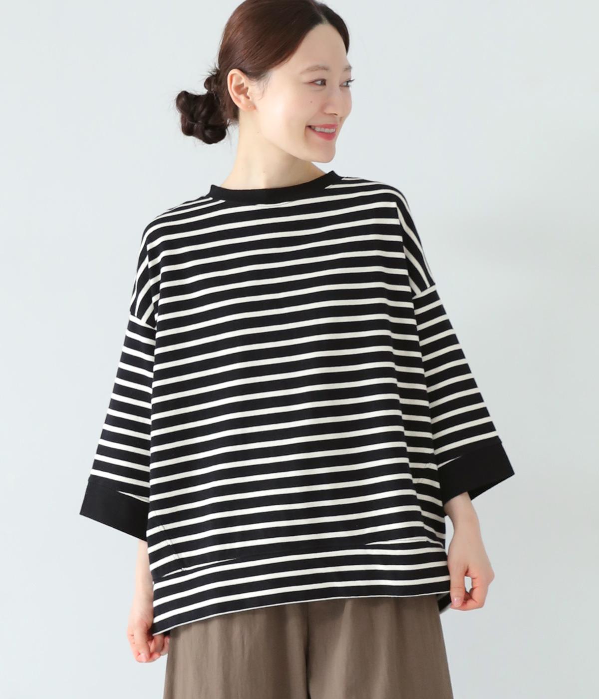 天竺先染めボーダーワイドTシャツ(ブラック×オフホワイト-F)