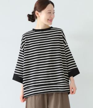 天竺先染めボーダーワイドTシャツ(ブラック×オフホワイト-F)
