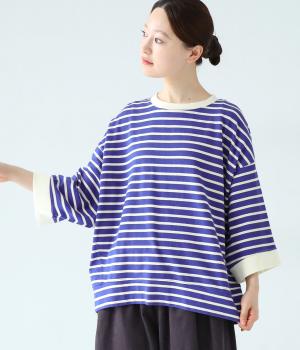 天竺先染めボーダーワイドTシャツ(ブルー×オフホワイト-F)