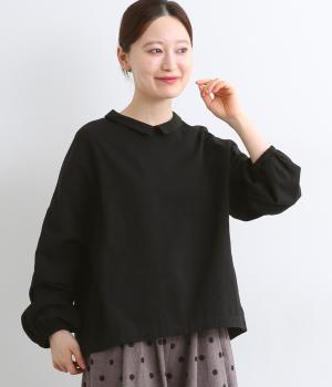 コットンリネンツイル長袖ギャザースリーブカラー付プルオーバーブラウス(ブラック-F)