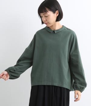 コットンリネンツイル長袖ギャザースリーブカラー付プルオーバーブラウス(グリーン-F)