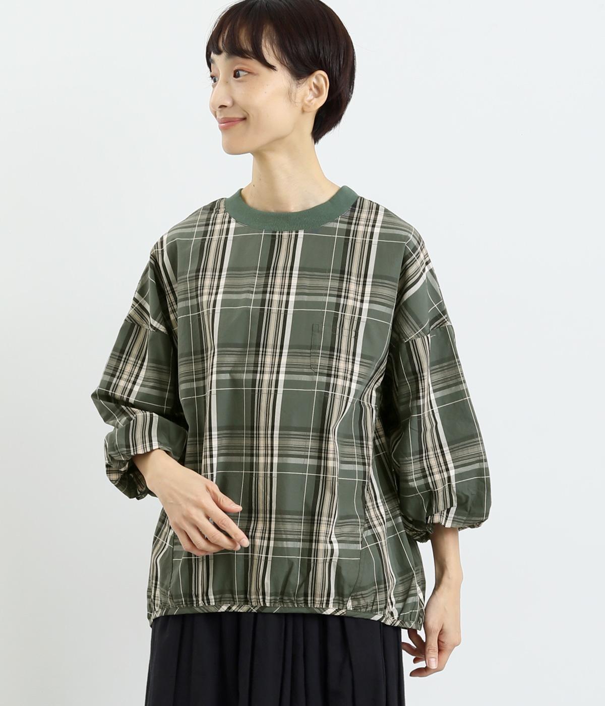 コットン先染めチェック襟リブ7分袖バルーンスリーブプルオーバーブラウス(グリーン-F)