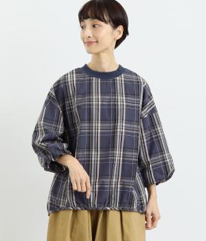 コットン先染めチェック襟リブ7分袖バルーンスリーブプルオーバーブラウス(ネイビー-F)
