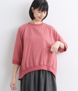 Wガーゼ リブ襟パッチポケット7分袖プルオーバーシャツ