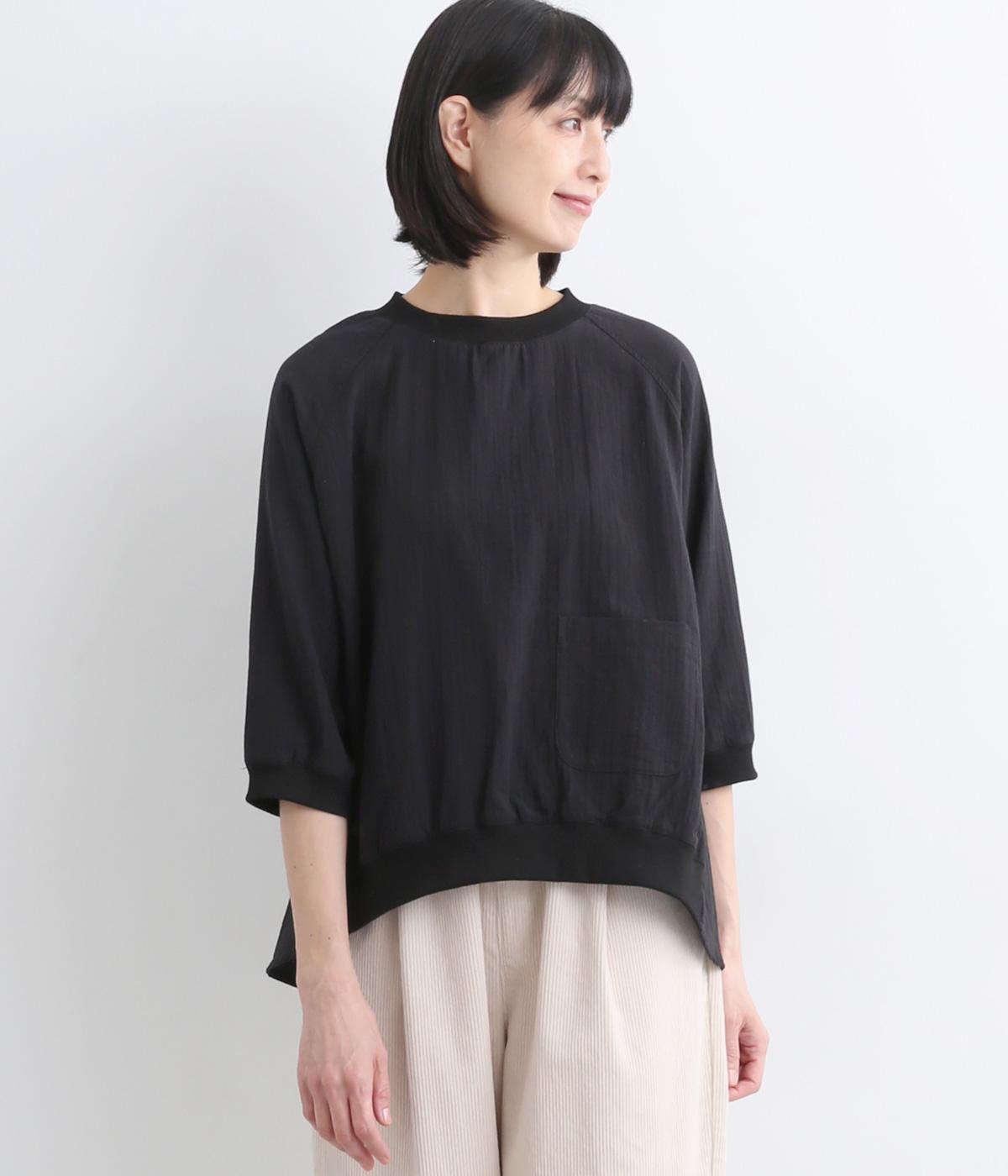 Wガーゼ リブ襟パッチポケット7分袖プルオーバーシャツ(ブラック-F)