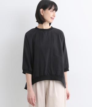 Wガーゼ リブ襟パッチポケット7分袖プルオーバーシャツ(ブラック-F)