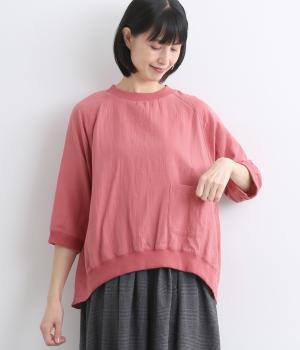 Wガーゼ リブ襟パッチポケット7分袖プルオーバーシャツ(ピンク-F)