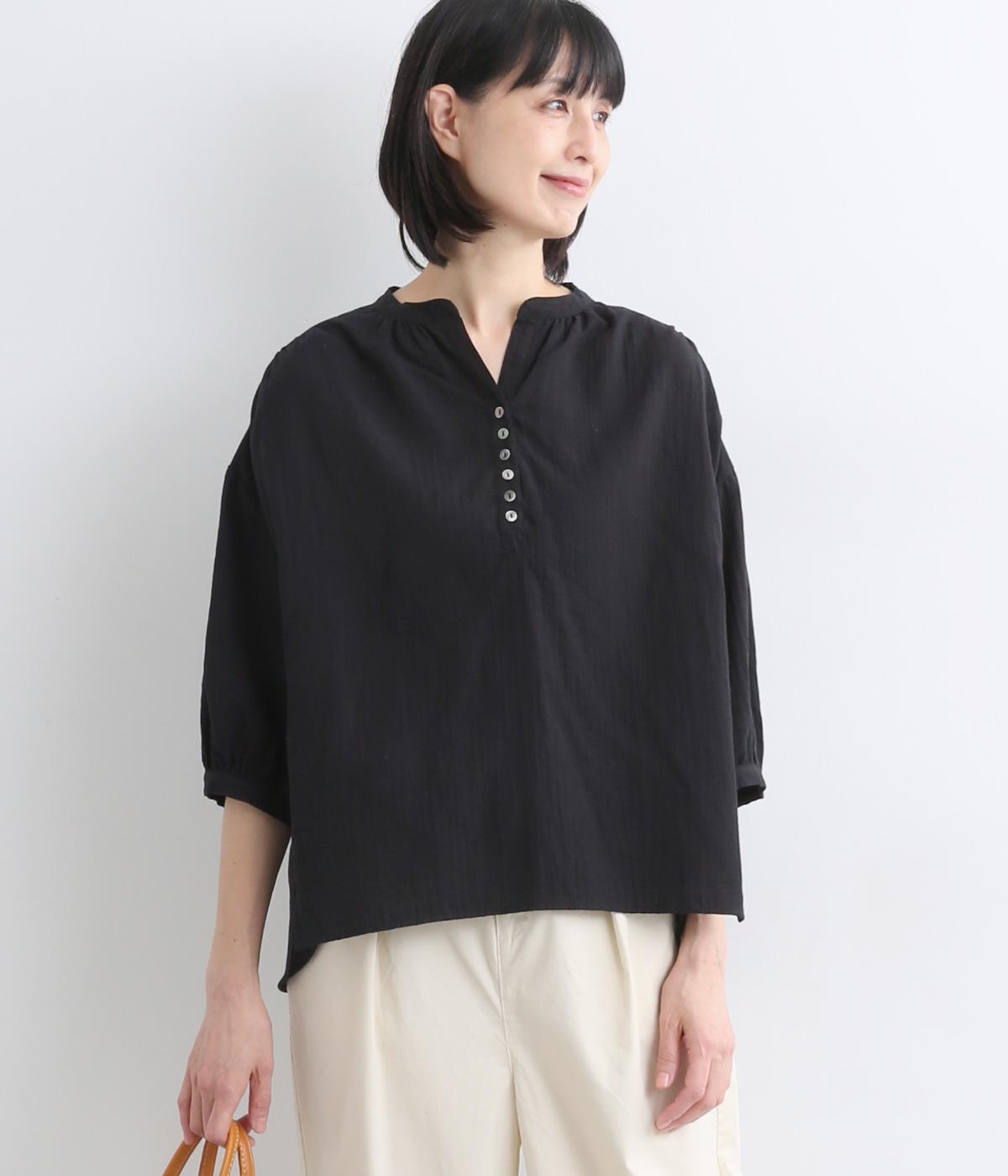 Wガーゼ スキッパーヘンリーネック7分袖ワイドブラウス(ブラック-F)