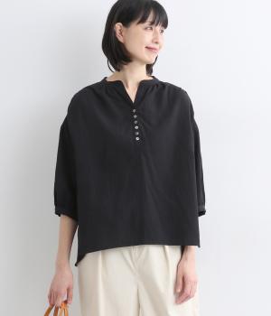 Wガーゼ スキッパーヘンリーネック7分袖ワイドブラウス(ブラック-F)