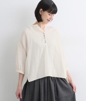 Wガーゼ スキッパーヘンリーネック7分袖ワイドブラウス(アイボリー-F)