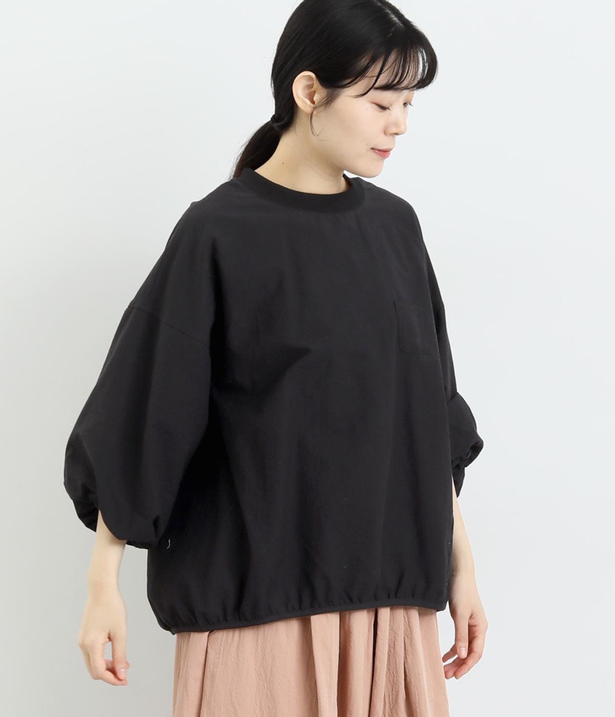 襟リブ7分袖バルーンスリーブプルオーバー(ブラック-F)