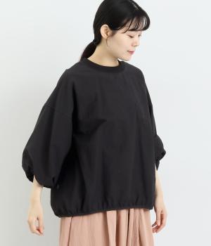 襟リブ7分袖バルーンスリーブプルオーバー(ブラック-F)