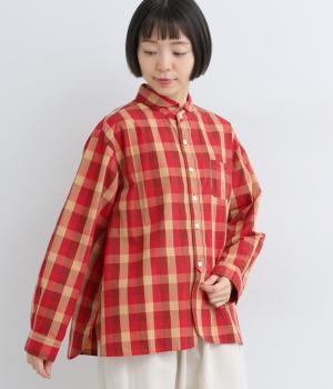 コットンリネン先染めギンガムチェックちび襟長袖ブラウス(レッド-F)