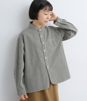 コットンリネン先染めギンガムチェックちび襟長袖ブラウス(小ギンガムブラック-F)