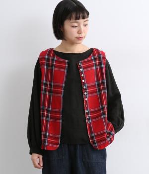 ウール混タータンチェック2wayボタンいっぱいベスト(レッド-F)