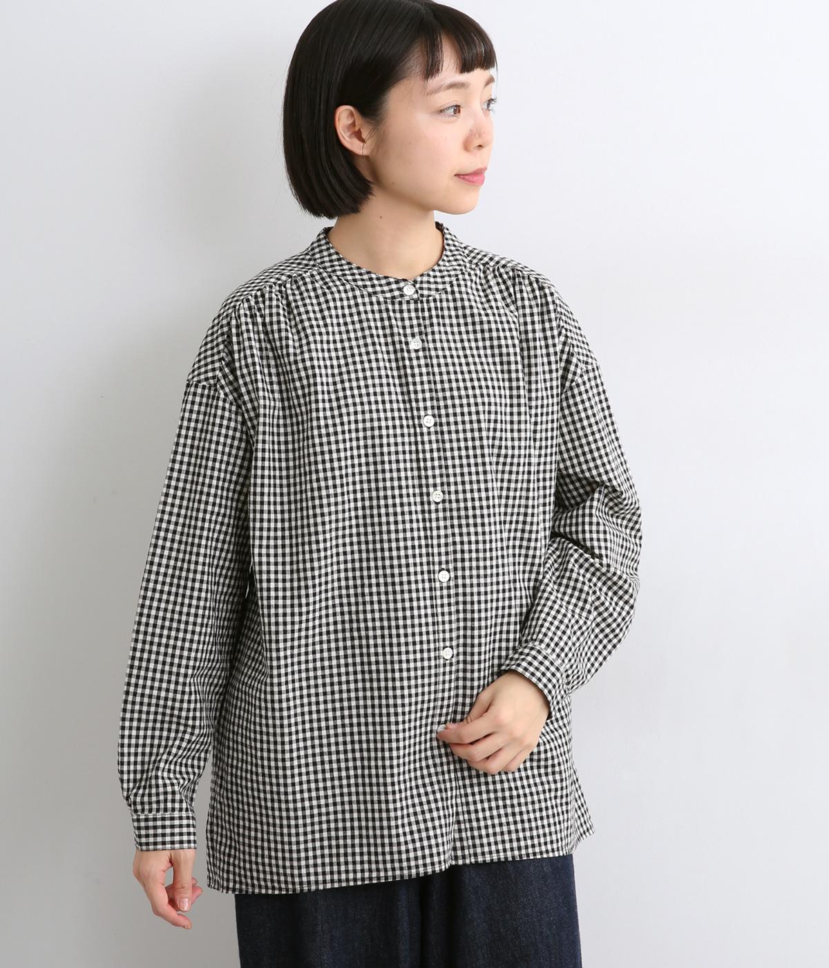 ネル起毛&ギンガムチェックショルダーギャザー長袖ブラウス(ギンガムチェック-F)