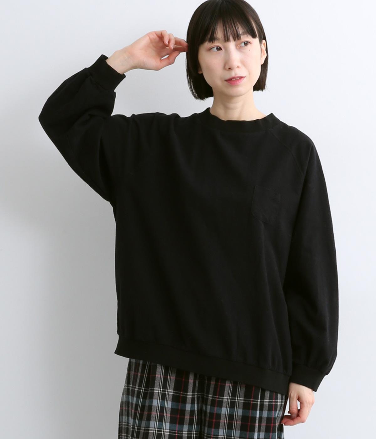 コットン起毛布帛リブ付きプルオーバーブラウス(ブラック-F)