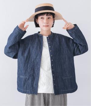 リネンコットンデニム　ステッチ襟ボタンジャケット