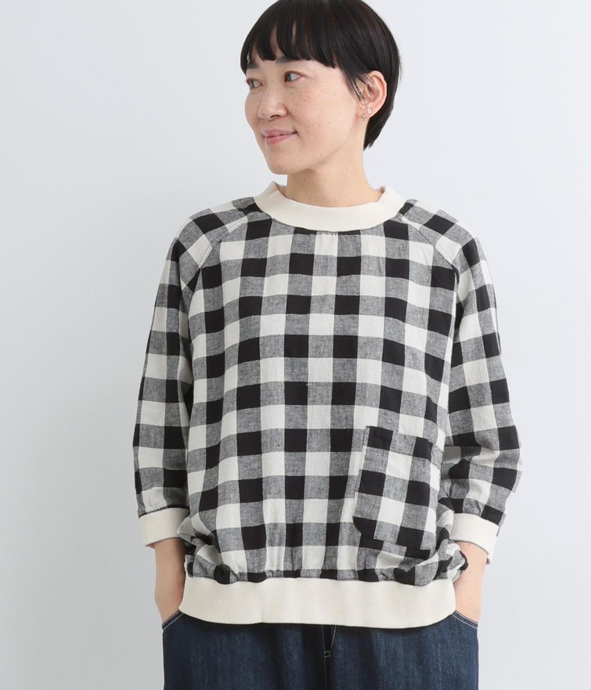 コットンリネン先染めチェック襟リブプルオーバー(大ギンガムチェック-F)