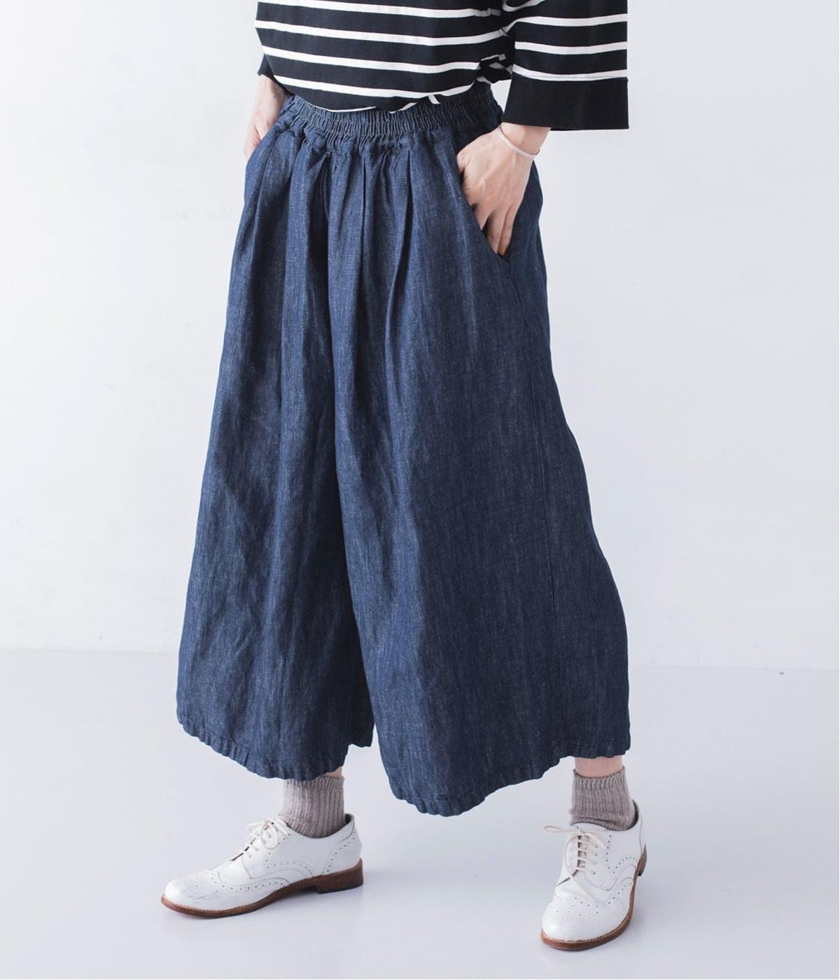 リネンコットンデニム　ガウチョパンツ(ネイビー-F)