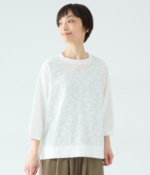 レース柄切替7分袖プルオーバー(ボタニカルオフホワイト-F)