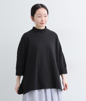 スラブ天竺モックネック7分袖Tシャツ(ブラック-F)