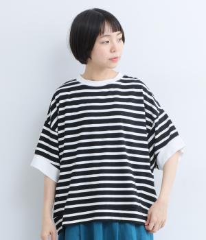 コットンボーダー天竺ワイド5分袖Tシャツ(ブラック-F)