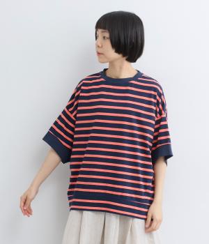 コットンボーダー天竺ワイド5分袖Tシャツ(ピンク-F)