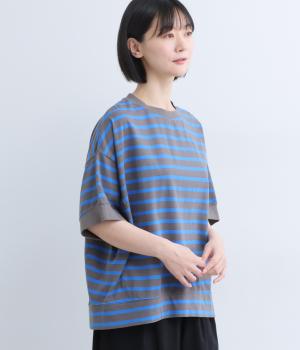 コットンボーダー天竺ワイド5分袖Tシャツ(ブルー-F)