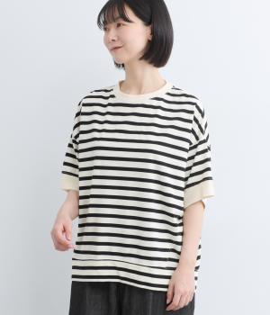 コットンボーダー天竺ワイド5分袖Tシャツ(オフホワイト-F)