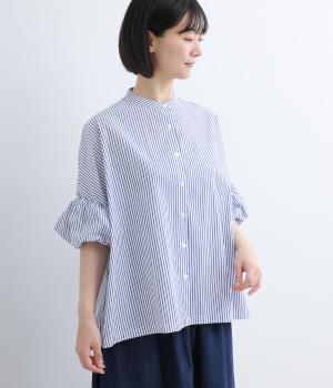 先染めストライプ5分袖バルーンスリーブブラウス(オフ×ネイビー-F)