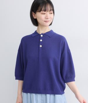コットンリネンハイゲージ鹿子編み5分袖ポロシャツ(ロイヤルブルー-F)