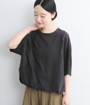 コットンリネン大ドットジャカード×天竺 切り替え5分袖涙あきTシャツ