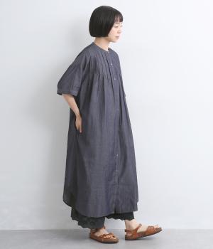 3ozデニムピンタックワイド半袖ワンピースブラウス(ネイビー-F)