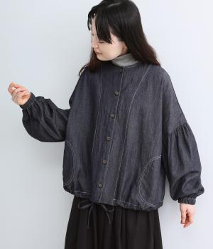 5.5ozコットンリネンデニムギャザーブルゾン（ネイビー・F）