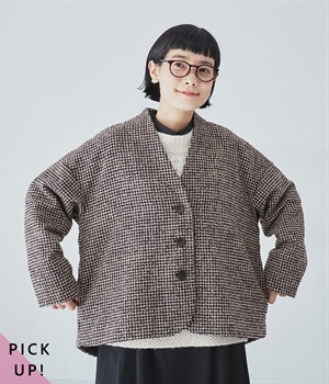 別注｜レトロチェックノーカラージャケット(ベージュ-F)