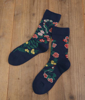 ハイゲージクルーソックス　花鳥風月　HATUNE(ネイビー-ONESIZE)
