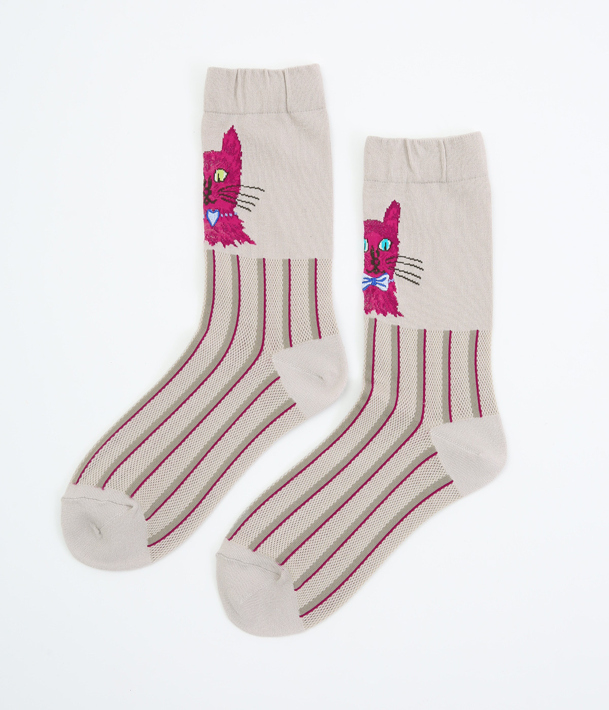 ハイゲージ クルーソックス -刺繍- CAT(グレー-ONESIZE)