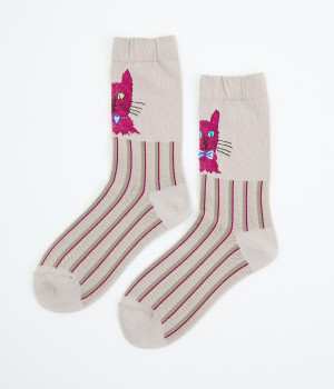 ハイゲージ クルーソックス -刺繍- CAT(グレー-ONESIZE)