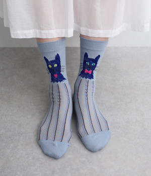 ハイゲージ クルーソックス -刺繍- CAT(ブルー-ONESIZE)