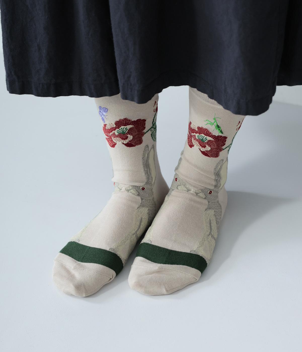 ハイゲージクルーソックス　刺繍　RABBIT(ベージュ-2325)